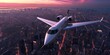 Small private jet flying above a bustling metropolitan cityscape at dusk created with Generative AI Technology