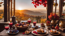 View To A Rustic Terrace Filled With Pots With Autumn Flowers And A Vine Full Of Red Leaves And Bunches Of Grapes. In The Foreground A Wooden Table With A Copious Breakfast, Coffee, Bowls, Vases And P