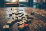 Fototapeta Uliczki - number of Scrabble letter tiles scattered across a wooden table