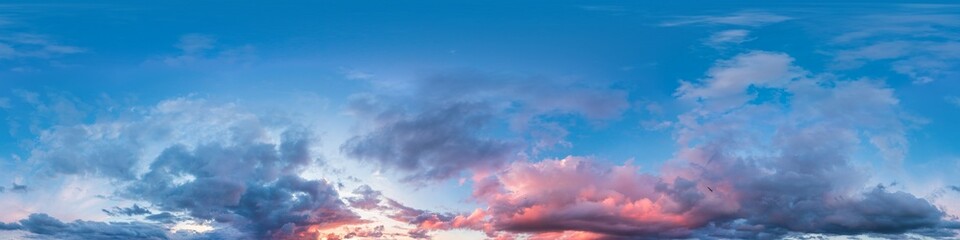 Wall Mural - sky 360 panorama - bright blue sky filled with fluffy white cumulus clouds. seamless hdr spherical 3