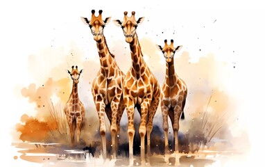 Sticker - Artistic image of a herd of giraffes. collection of canvas art animal paintings, in watercolor style. generative ai