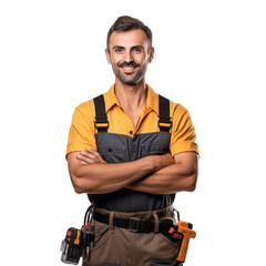 Wall Mural - Front view of an extremely handsome Caucasian white male model dressed as a Electrician smiling with arms folded, isolated on a white transparent background