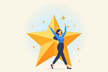 Star employee, success leader or confidence, high performance staff or achievement, evaluation or award winning, quality concept, confidence businesswomen with excellent golden star.