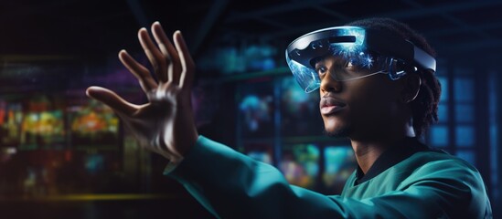 Poster - Black male tech employee wearing AR glasses works with 3D objects. Expert in VR modeling software. Future tech.