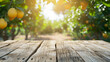 Wooden table top on blur plant vegatable or fruit organic farm background. AI Generative