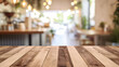 Empty beautiful wood table top counter and blur bokeh modern kitchen interior background in clean and bright. AI Generative