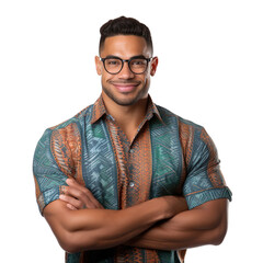 Wall Mural - Front view of an extremely handsome polynesian male model dressed as an Librarian smiling with arms folded, isolated on a white transparent background.