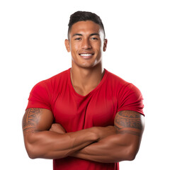 Wall Mural - Front view of an extremely handsome polynesian male model dressed as an Lifeguard  smiling with arms folded, isolated on a white transparent background.