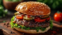 Tasty Burger With Beef, Tomato, Pickled, Onion, Lettuce And Ketchup Sauce On Rustic Bar Top. Close Up. AI Generated Image. 