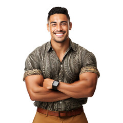 Wall Mural - Front view of an extremely handsome polynesian male model dressed as an Translator  smiling with arms folded, isolated on a white transparent background.