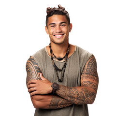 Wall Mural - Front view of an extremely handsome polynesian male model dressed as an Artist smiling with arms folded, isolated on a white transparent background.