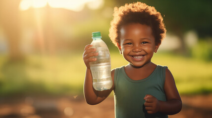 Wall Mural - Very happy African child boy with water bottle in hand. Concept of lack of drinking water.