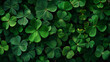 Green abstract St Patricks day background with sparkling shamrock shapes, Green clover leaves , 17 march holiday concept., wallpaper banner, Glitter green clover leaves as background, top view. Ai