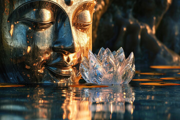 Buddha face and glowing crystal lotus