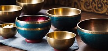 A Group Of Gold And Teal Bowls Sitting On Top Of A Wooden Table Next To A Blue And Red Napkin.