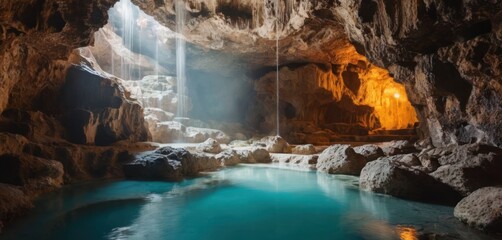  a pool of water in a cave with a waterfall coming out of the cave and a light coming out of the cave.