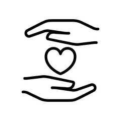 Black single heart caring hands thin line icon, simple protection outline flat design pictogram, infographic vector for ads app logo web button ui ux interface element isolated on white background