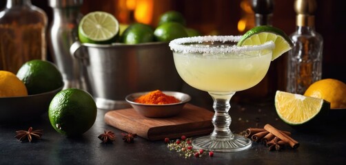 Canvas Print -  .A glass of tequila is on a table next to some limes, garnishes, and bottles. The table also has a bow.