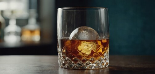 Wall Mural -  The image features a small, round object in the middle of a glass filled with whiskey. The glass is placed on a wooden table and appears to be.