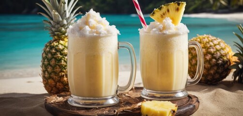  .The image features two glasses of pineapple daiquiris, each containing a straw and served in tall glasses. One of the.