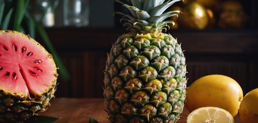  .The image features a table with two pineapples, one of which is cut in half and has a slice removed. There are also three lem.