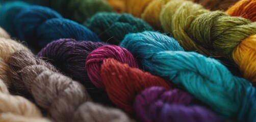  .The image showcases a variety of yarns and fabrics in different colors. The various shades of color include purple, orange, p.