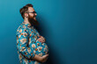© Valeriia - Happy pregnant transexual man with beard expectant trans father on blue background. Celebrating diversity in parenthood pregnant man gender norms expanding the definition of family concept. Copy paste
