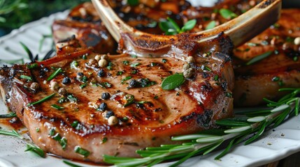 Wall Mural - Grilled or pan fried pork chops on the bone with garlic and rosemary