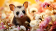 Cute little mouse on flowers background, close up. Pet animals.
