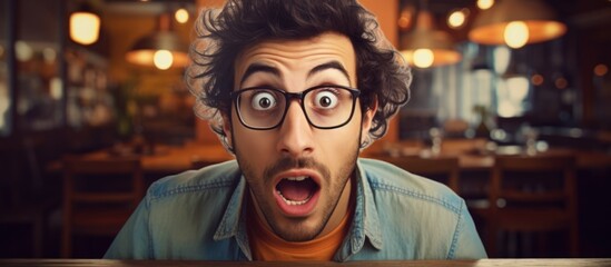 Poster - Shocked young Hispanic man with glasses, looking skeptical and sarcastic, surprised with open mouth at table.