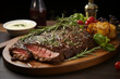 Bistecca Fiorentina steak sliced with fruits on wooden board.