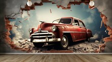 3d Wallpaper Design With A Classic Car Jumping Out Of Broken Graffinti Wall