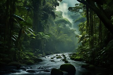 Sticker - A river flowing in a forest or rainforest