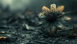 Macro of a flower lying on the dirt. Death, loss and grief concept. Horizontal image. 