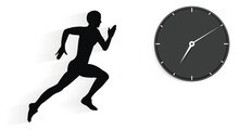 Be Ahead Of Your Time, A Black Silhouette Of A Running Man And A Black Watch With A Dial And Hands On A White Background. Copy Space.