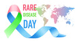Three-color ribbon for the world rare disease day on 28 of February. On a world map background.