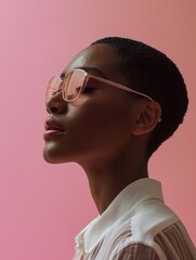 Wall Mural - Fashionable young woman with pink sunglasses posing against a soft pink background
