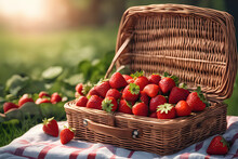 Fresh Strawberries In A Picnic Basket