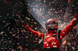 © Rojo - The winning driver of the Formula 1 car race raising his arms from the podium. Confetti flying.