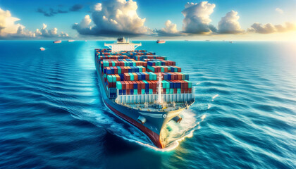 Wall Mural - A cargo ship filled with containers travels on the blue sea, banner design, global trade, red sea dispute, business event
