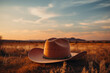 Stylized image of a cowboy hat and horse against a minimalist twilight sky.