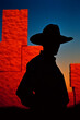 Abstract, geometric shapes creating a cowboy scene in the twilight.