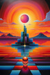 Surrealistic representation of a sunset with geometric shapes and vivid colors.