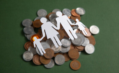 Wall Mural - Paper family with a coins on the green background.