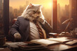 Cute and funny cat impersonating business person, working in the office