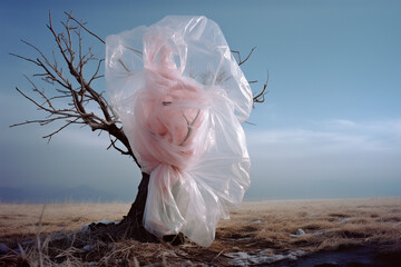 Aufkleber - An abstract image showing a plastic bag enveloping a tree, highlighting environmental concerns.