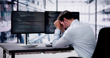 Poster - Unhappy Sad Developer Programmer Man In Stress Coding Software
