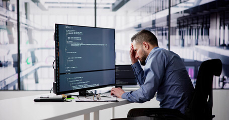 Poster - Unhappy Sad Developer Programmer Man In Stress Coding Software