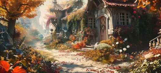 Wall Mural - Enchanted autumn village with whimsical cottages and floral landscape. Fantasy artwork.