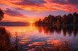 An image of a vibrant sunset over a serene lake, with colorful reflections shimmering on the water beautiful view